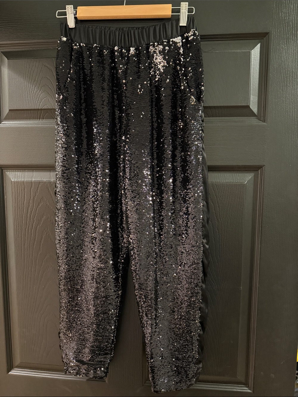 Topshop Black Sequin Tuxedo Jogger Pants Size 6